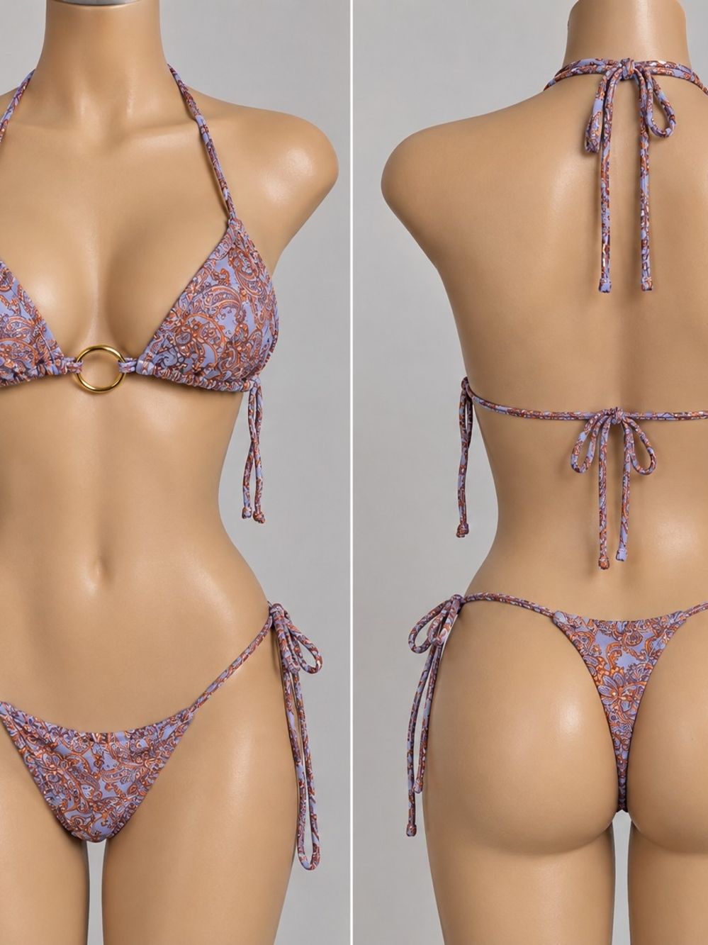 Purple Paisley Tie Bikini with Gold Ring Accent